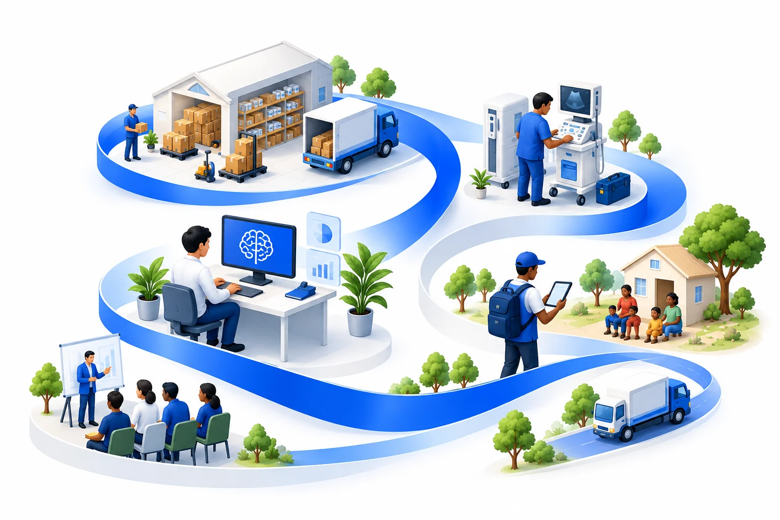 Illustration of a blue ribbon connecting medicine logistics, equipment maintenance, AI analysis, mobile fieldwork and training