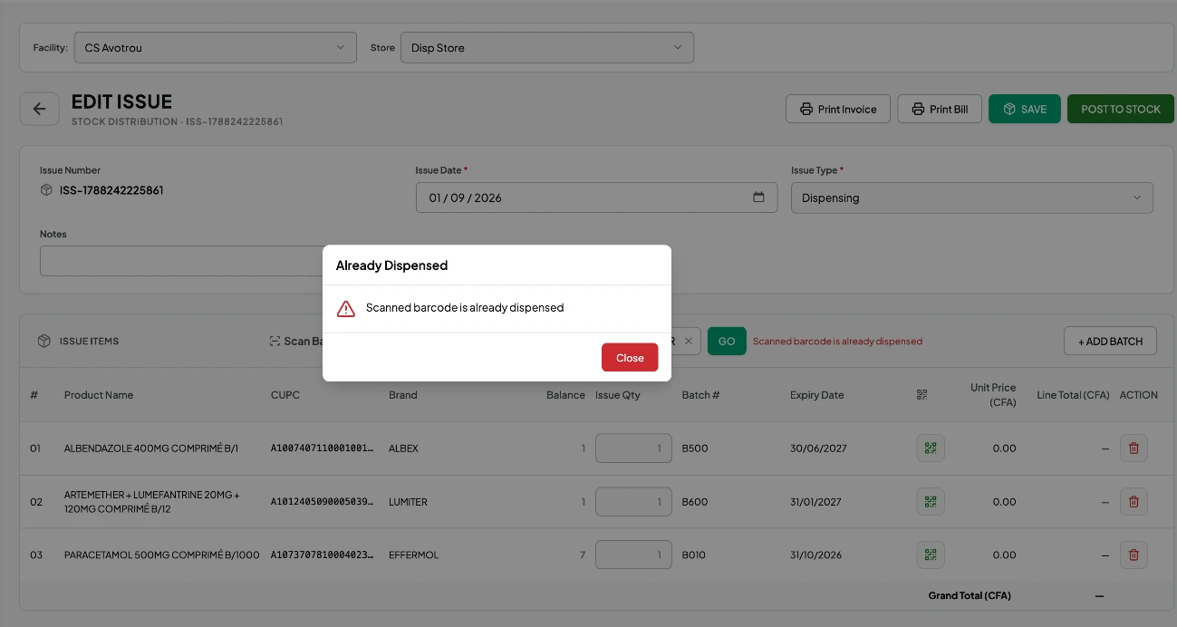 Serial control: a warning when a scanned unit has already been dispensed